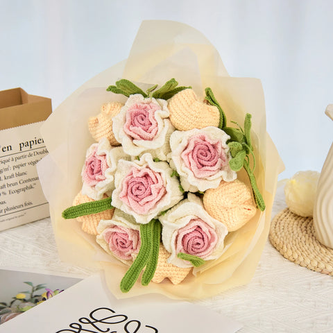 YSHomy Wrapped Crochet Flowers Bouquet With Thai Rose & Tulip