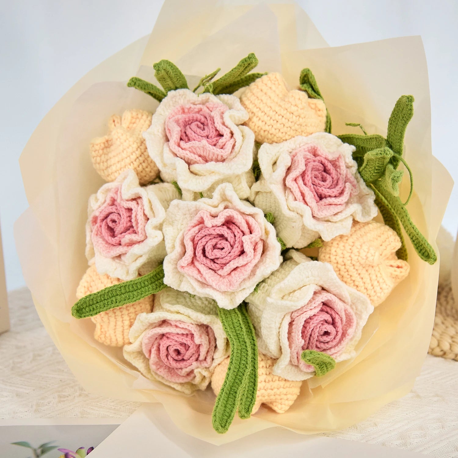 YSHomy Wrapped Crochet Flowers Bouquet With Thai Rose & Tulip