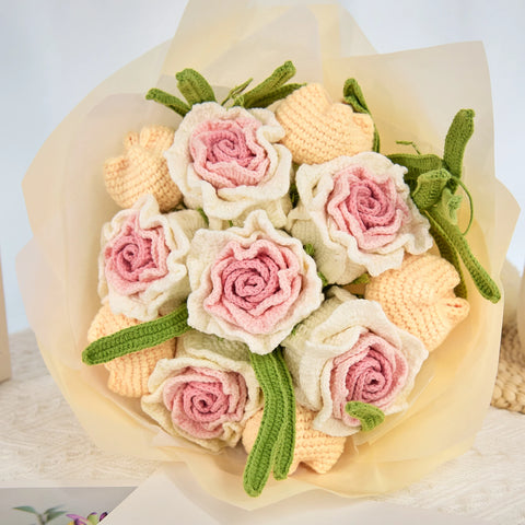 YSHomy Wrapped Crochet Flowers Bouquet With Thai Rose & Tulip