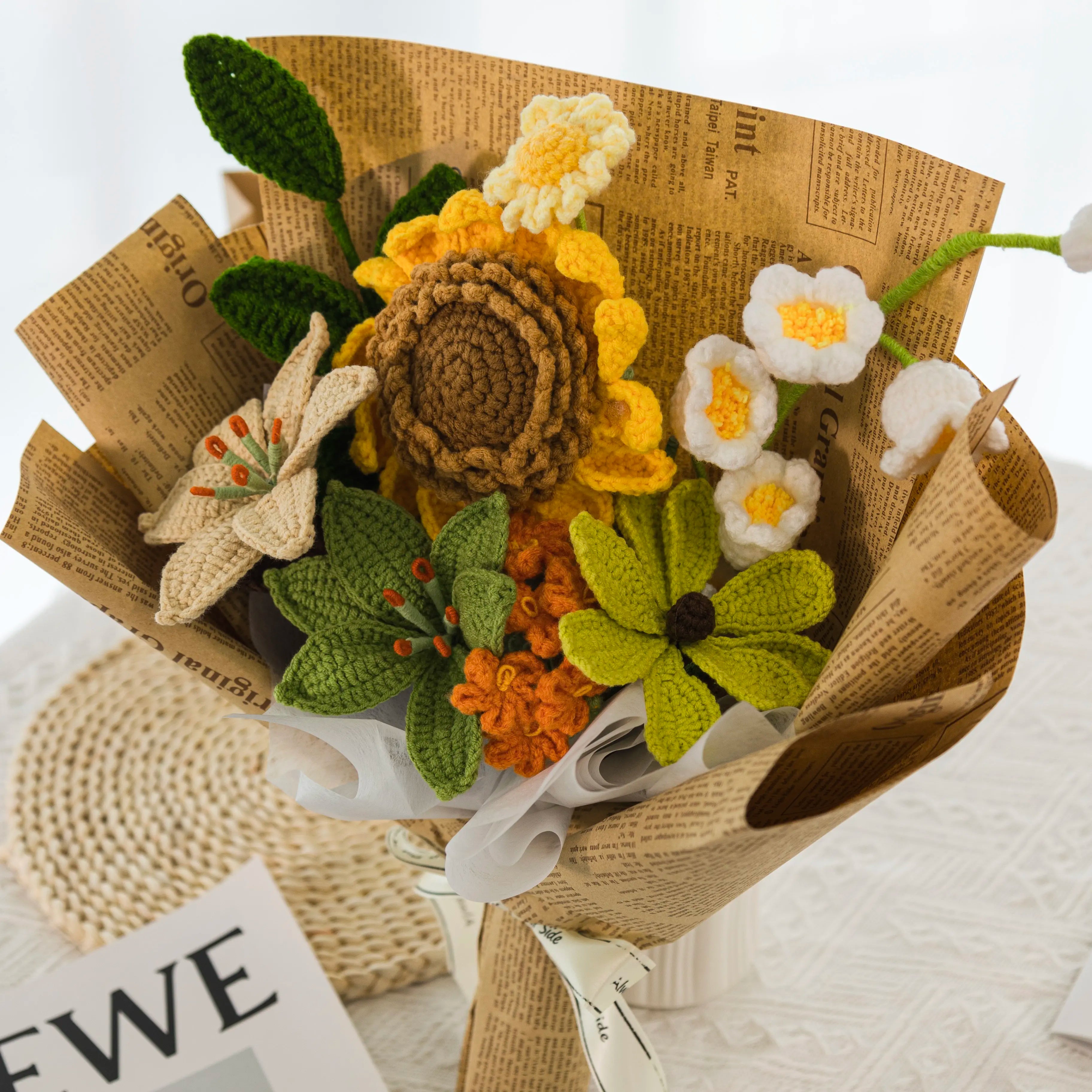 YSHomy Wrapped Crochet Flowers Bouquet with Upgraded Sunflower