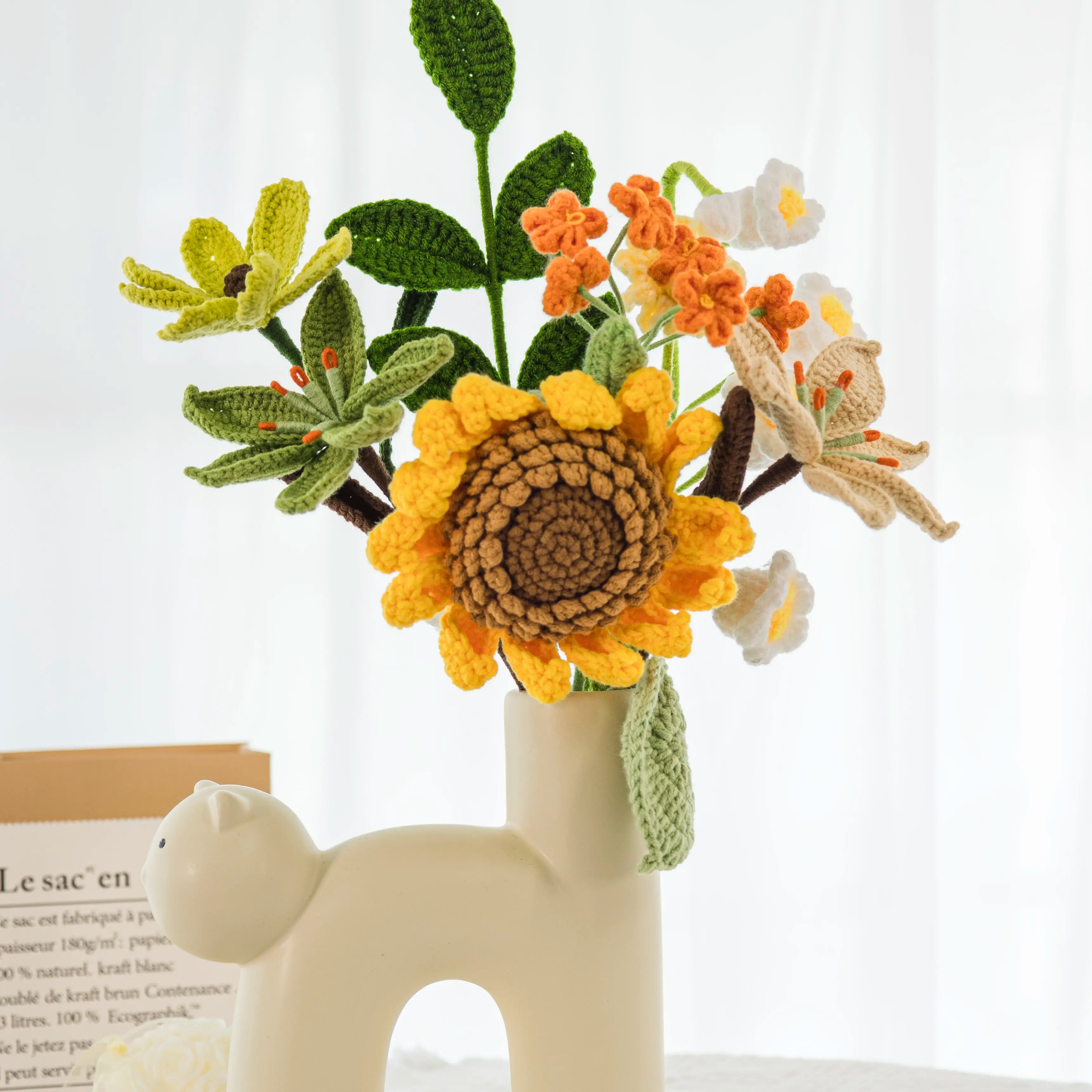 YSHomy Wrapped Crochet Flowers Bouquet with Upgraded Sunflower