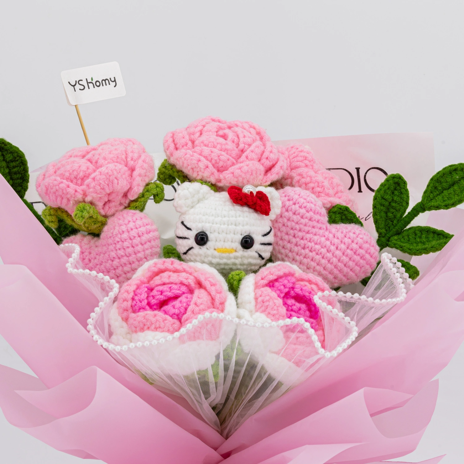 YSHomy Handmade Crochet Flowers Bouquet with HK & Pink Rose