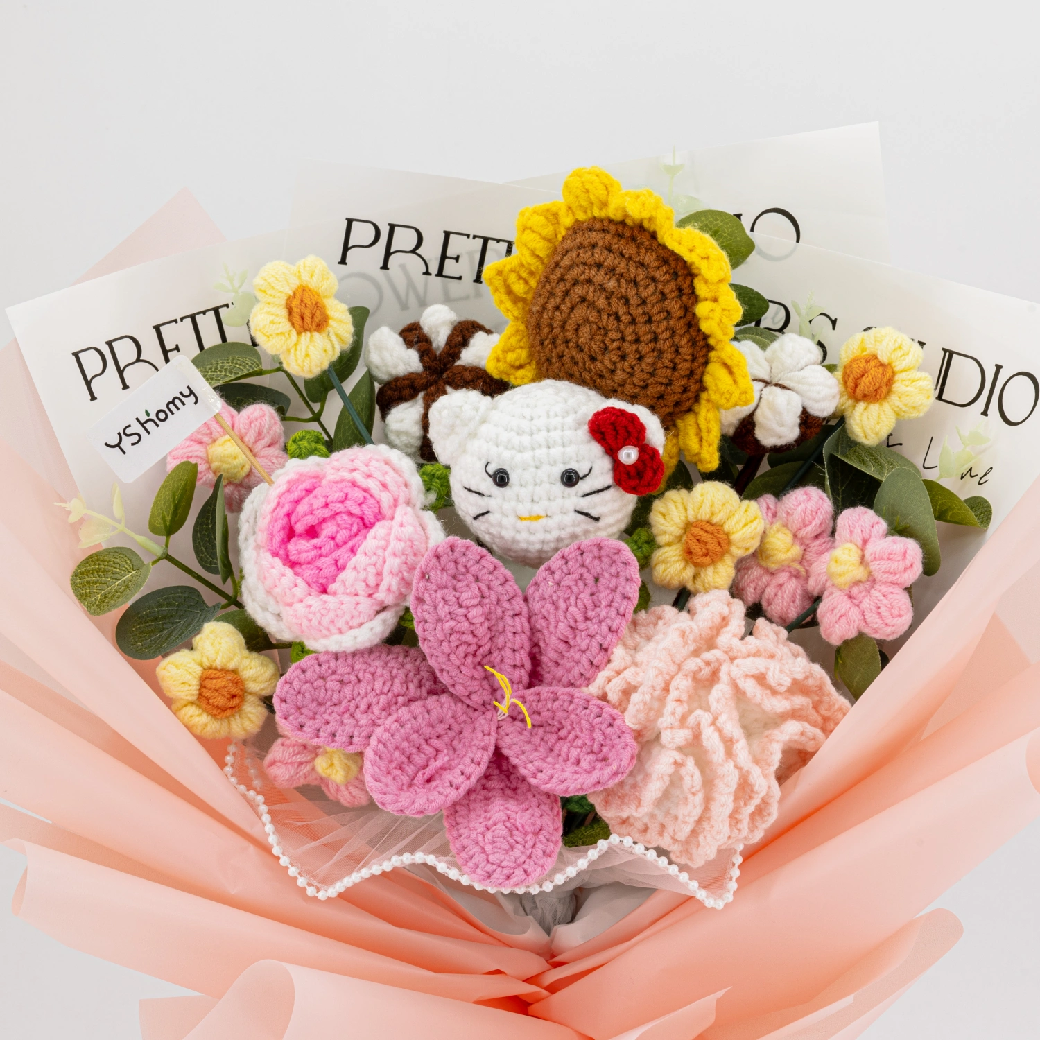 YSHomy Handmade Crochet Flowers Bouquet with HK & Sunflower & Rose & Tulip & Carnation