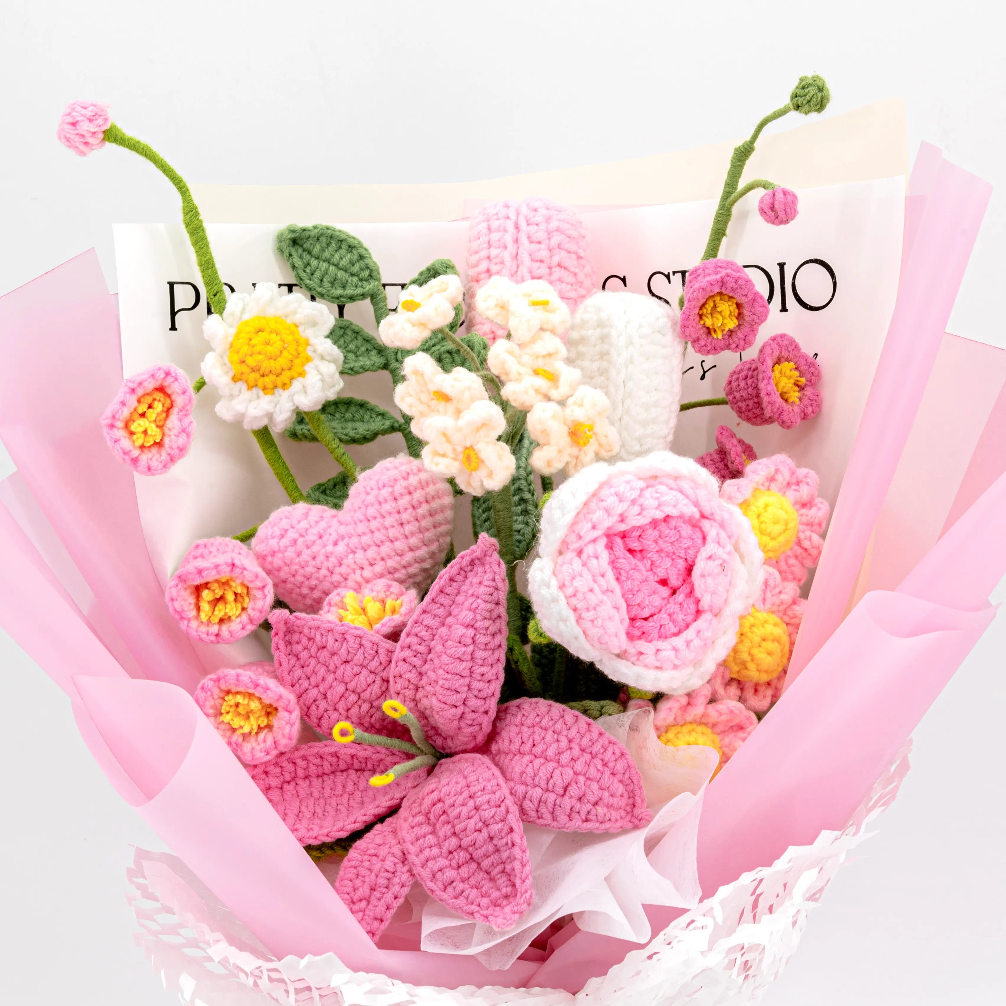 YSHomy Pink Crochet Flowers Bouquet with Lily & Rose & Tulip (13 pieces)