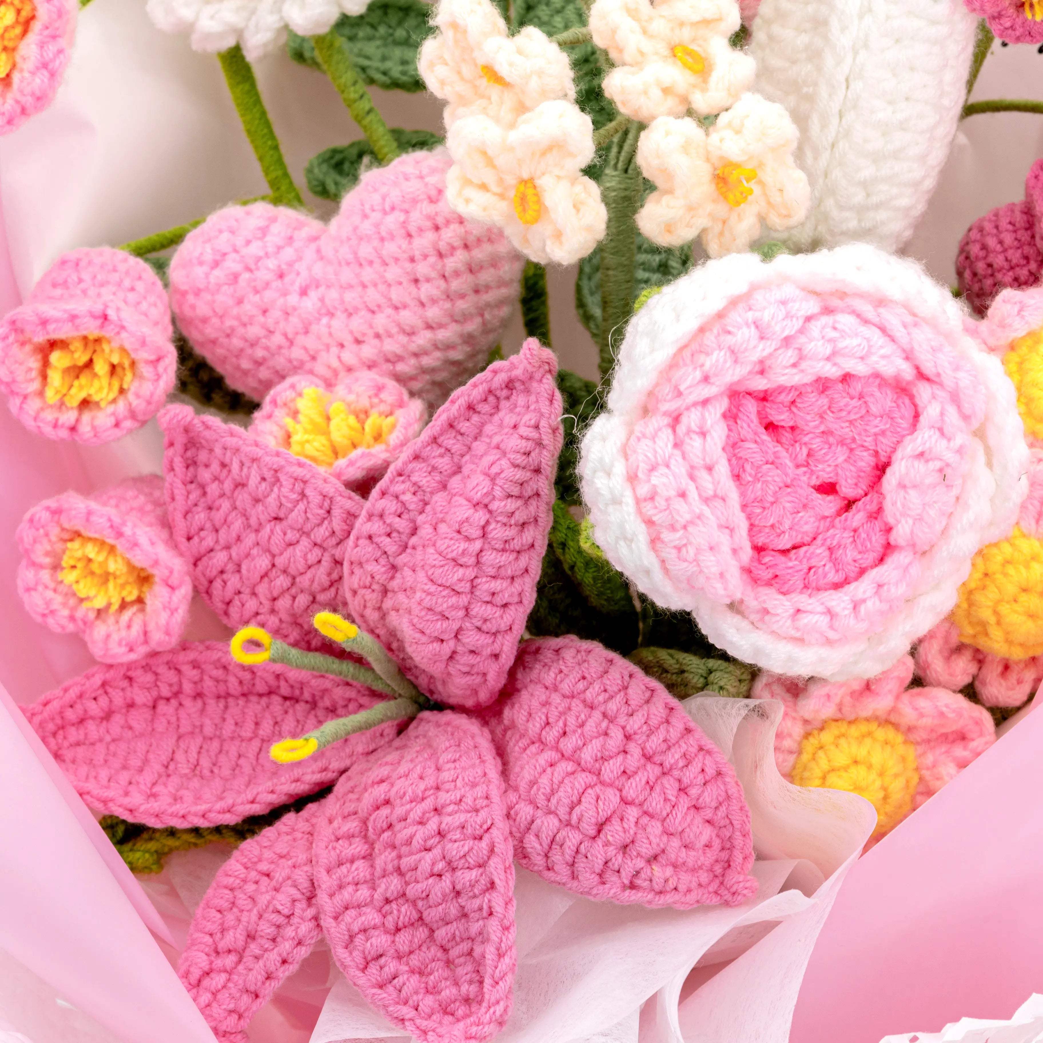 YSHomy Pink Crochet Flowers Bouquet with Lily & Rose & Tulip (13 pieces)