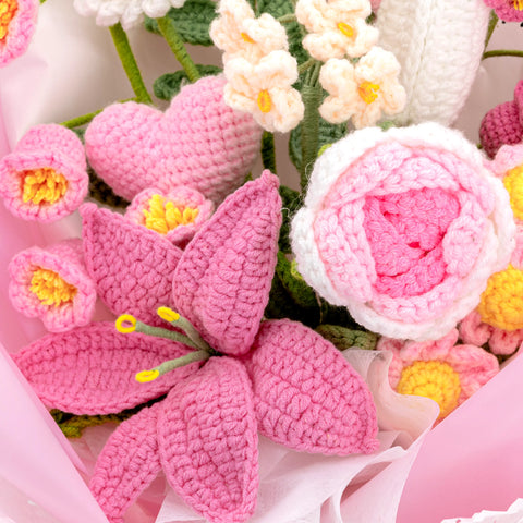 YSHomy Pink Crochet Flowers Bouquet with Lily & Rose & Tulip (13 pieces)