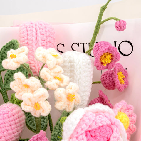 YSHomy Pink Crochet Flowers Bouquet with Lily & Rose & Tulip (13 pieces)