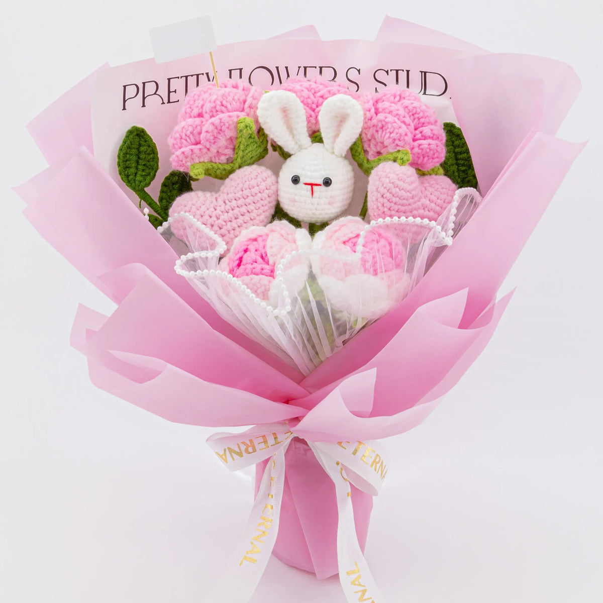 YSHomy Cute Handmade Crochet Flowers Bouquet with Bunny