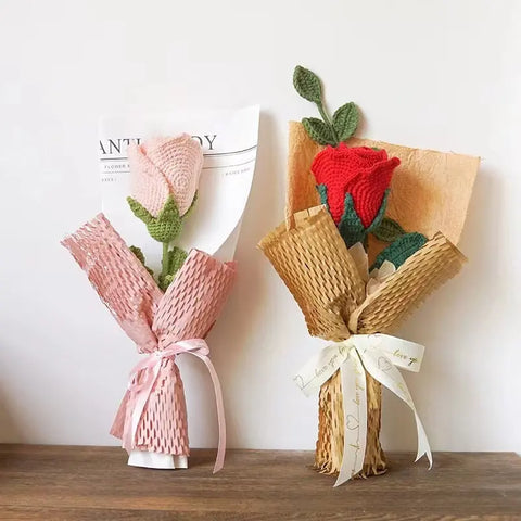 Wrapped Crochet Flowers of Cup-Shaped Rose Bouquet