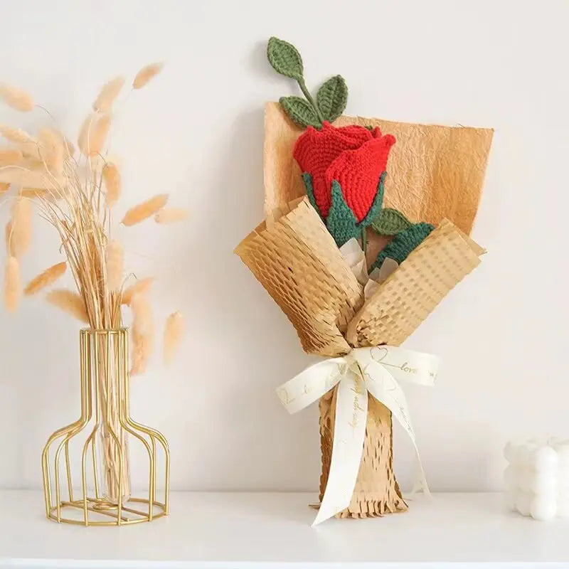 Wrapped Crochet Flowers of Cup-Shaped Rose Bouquet