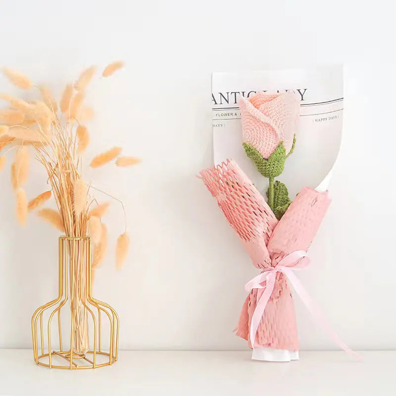 Wrapped Crochet Flowers of Cup-Shaped Rose Bouquet