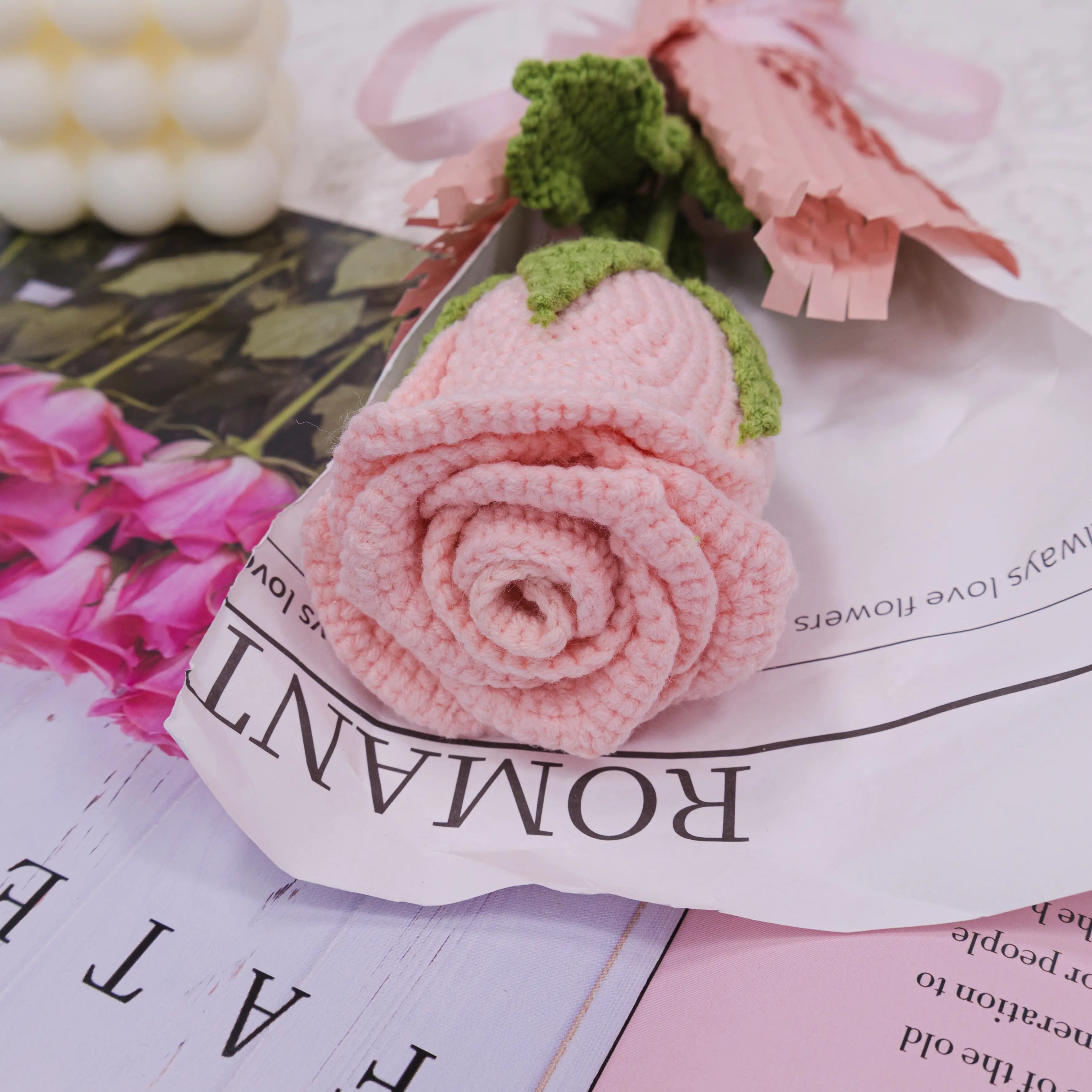 Wrapped Crochet Flowers of Cup-Shaped Rose Bouquet