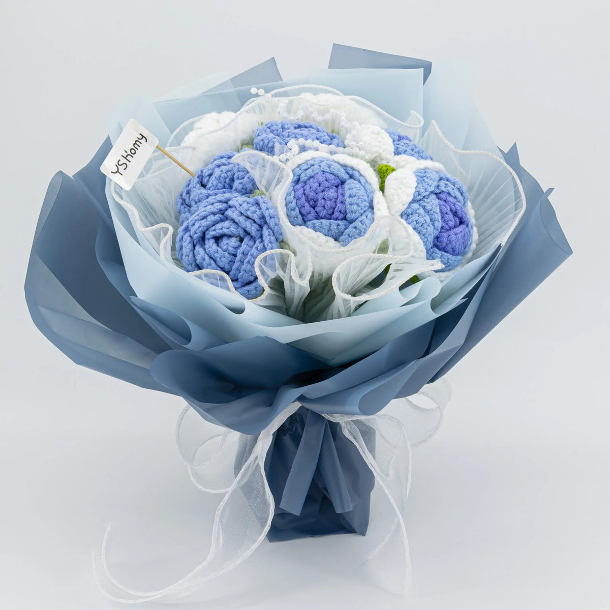 YSHomy Wrapped Round Crochet Flowers with 9 Blue Rose Bouquet