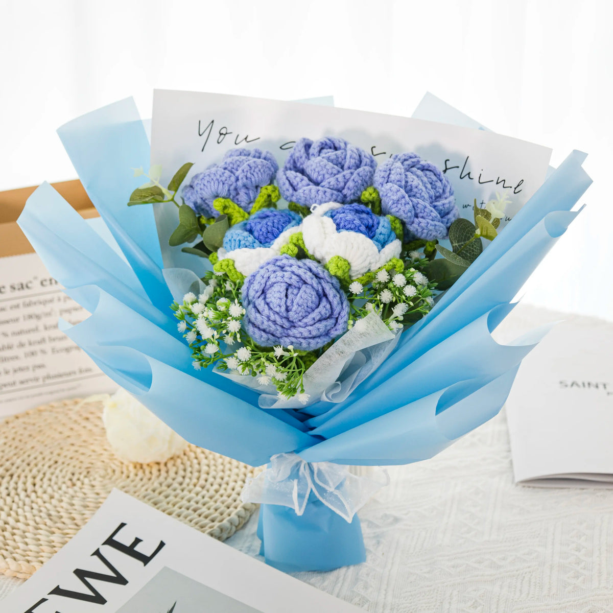 YSHomy Wrapped Handmade Crochet Flowers with Blue Rose Bouquet