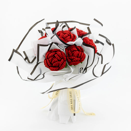 YSHomy Wrapped Round Crochet Flowers with 9 Red Rose Bouquet 3459