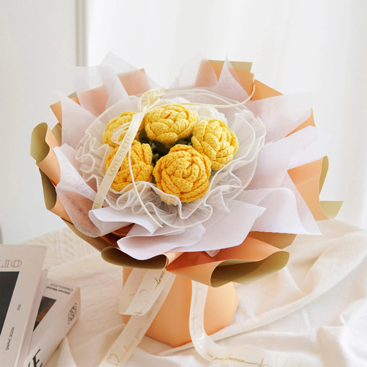 YSHomy Wrapped Round Crochet Flowers with 7 Yellow Rose Bouquet