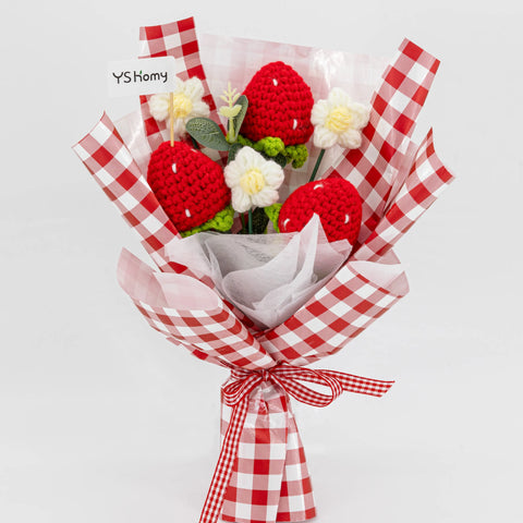 YSHomy Wrapped Handheld Crochet  Flowers Bouquet with Strawberry