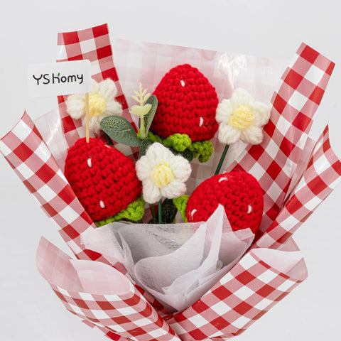 YSHomy Wrapped Handheld Crochet  Flowers Bouquet with Strawberry