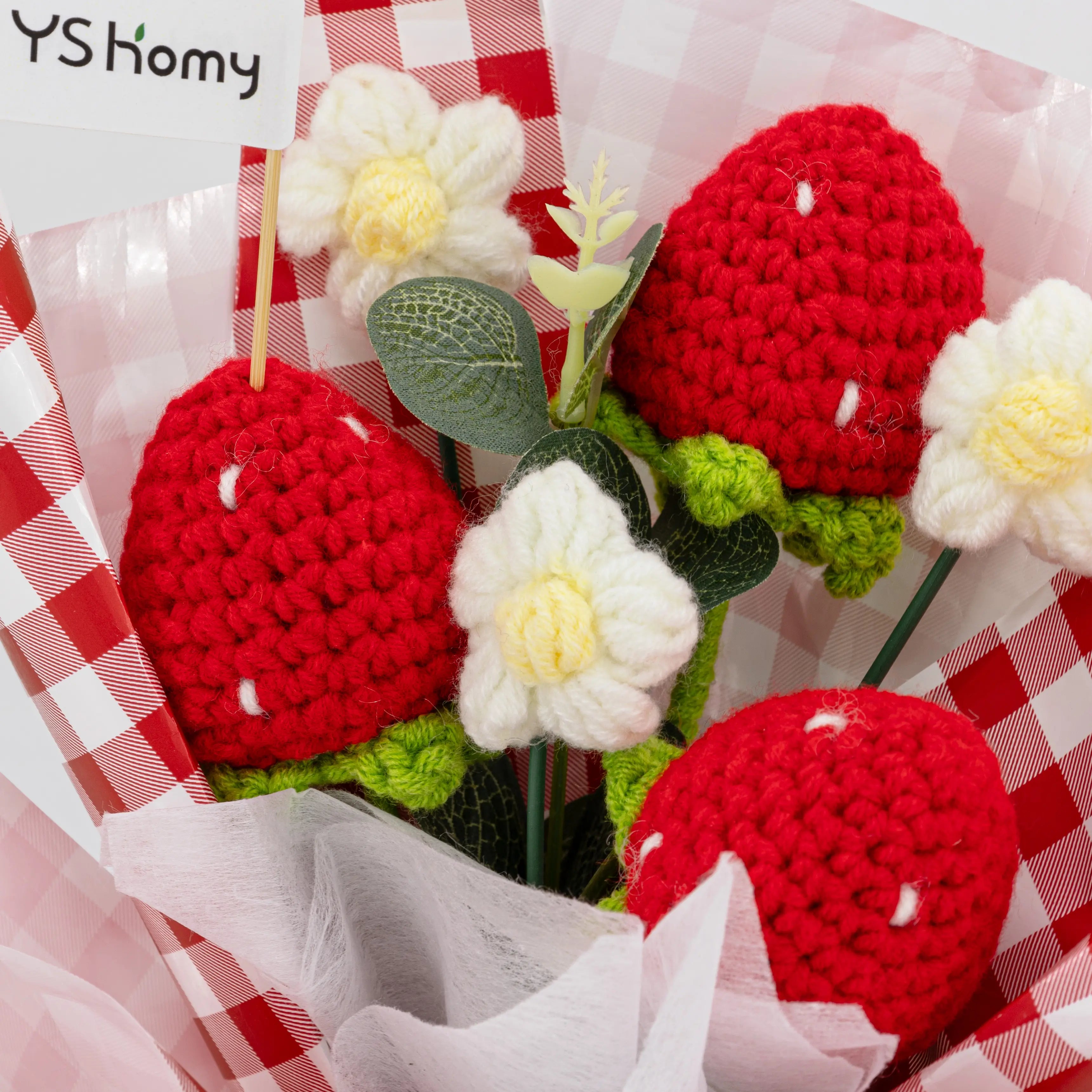 YSHomy Wrapped Handheld Crochet  Flowers Bouquet with Strawberry