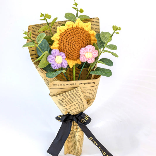 YSHomy Wrapped Handheld Crochet Flowers Bouquet with Sunflower 3252