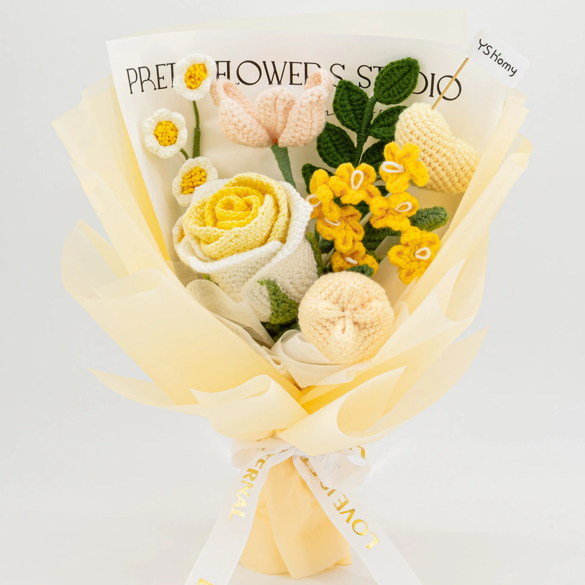 YSHomy Wrapped Crochet Flowers with Big Yellow Rose Bouquet