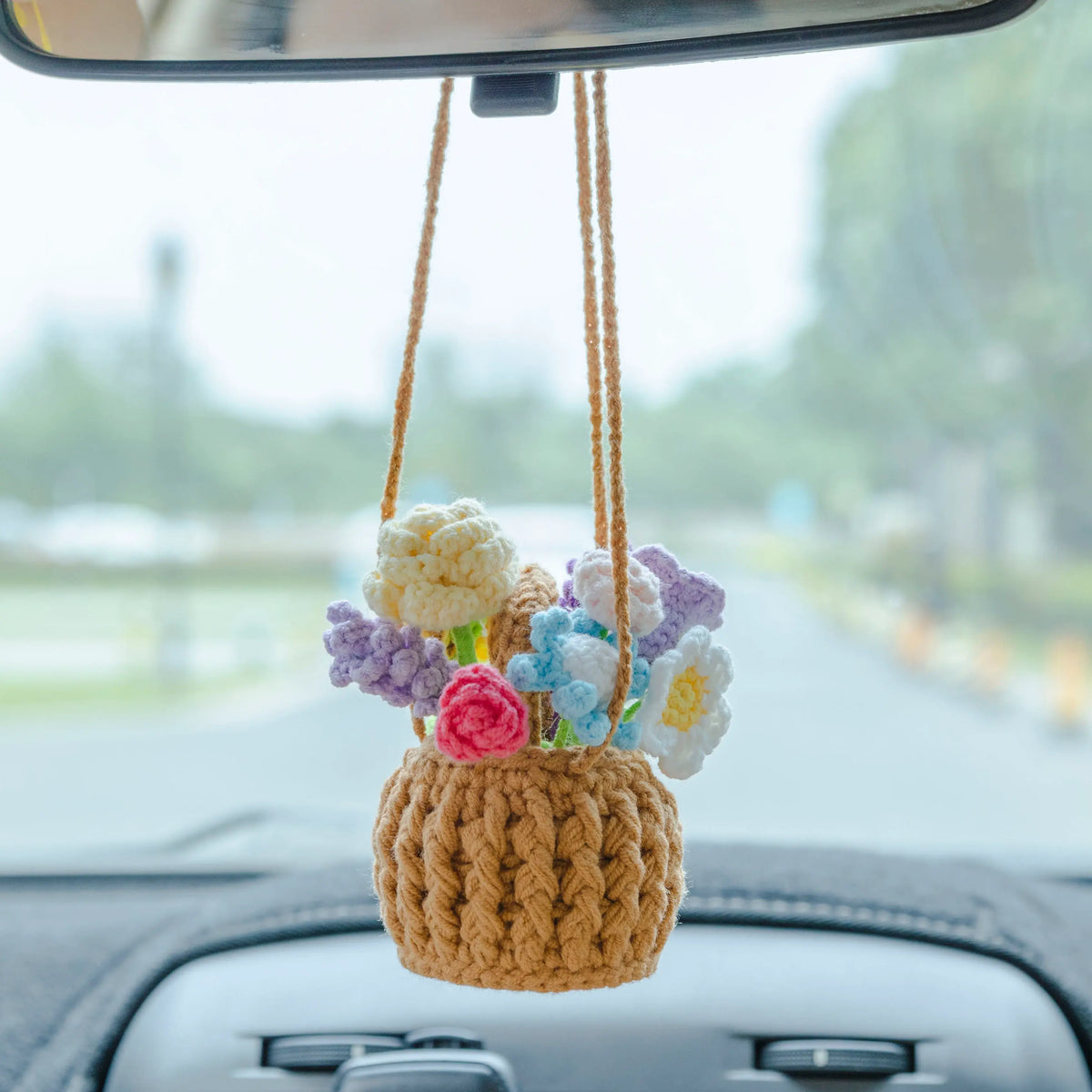 YSHomy Crochet Hanging Flower Basket for Car Mirror Hanging