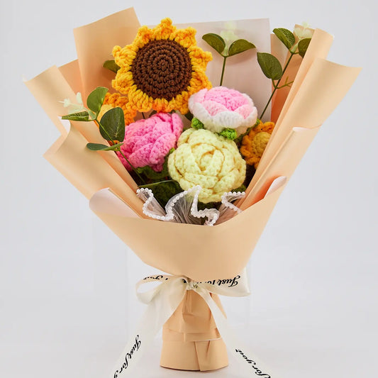 YSHomy Wrapped Crochet Flowers with Sunflower & Rose Bouquet 1355