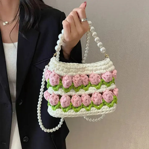 YSHomy Handmade Crochet Tulip Handbag, Crossbody Bag, Shoulder Bag