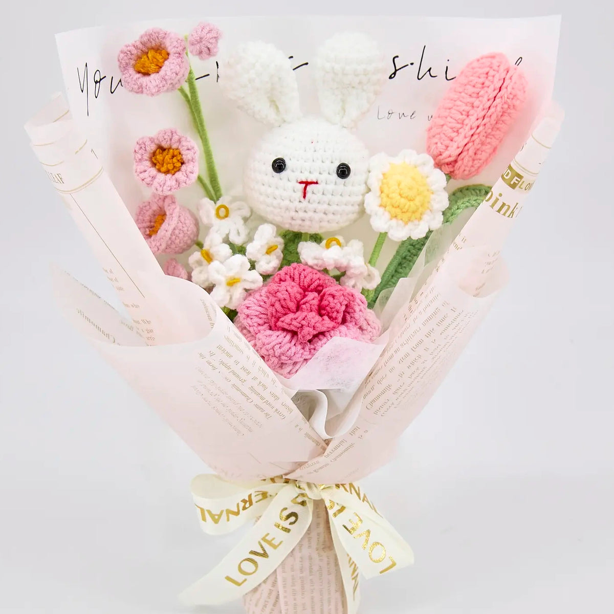 YSHomy Pink Crochet Flowers Bouquet with Cute Bunny Rose Tulip