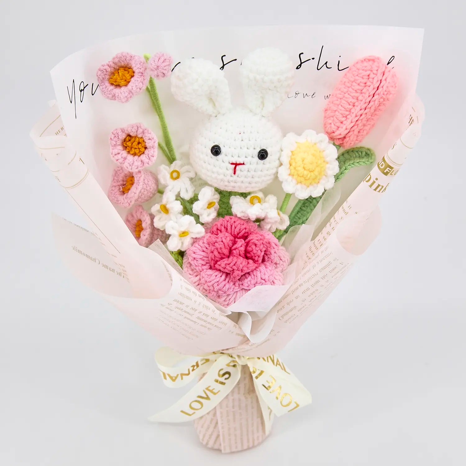 YSHomy Pink Crochet Flowers Bouquet with Cute Bunny Rose Tulip