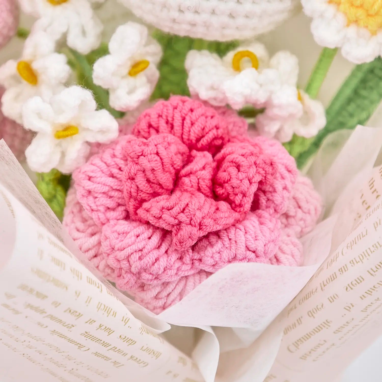 YSHomy Pink Crochet Flowers Bouquet with Cute Bunny Rose Tulip