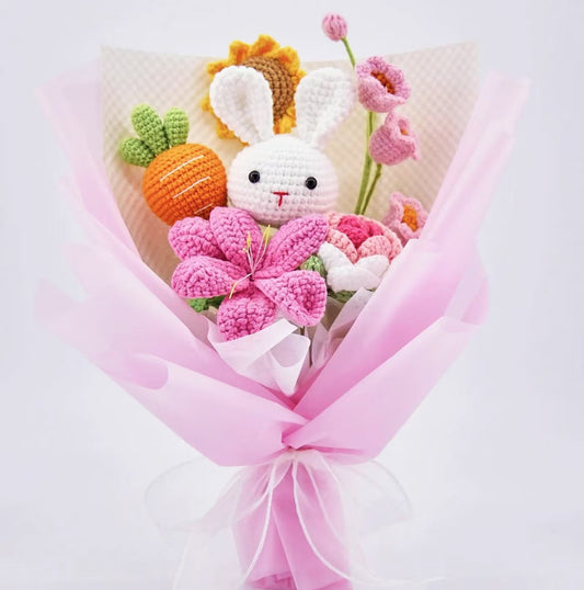 YSHomy Pink Crochet Flowers Bouquet with Bunny Carrot Lily Rose 1280