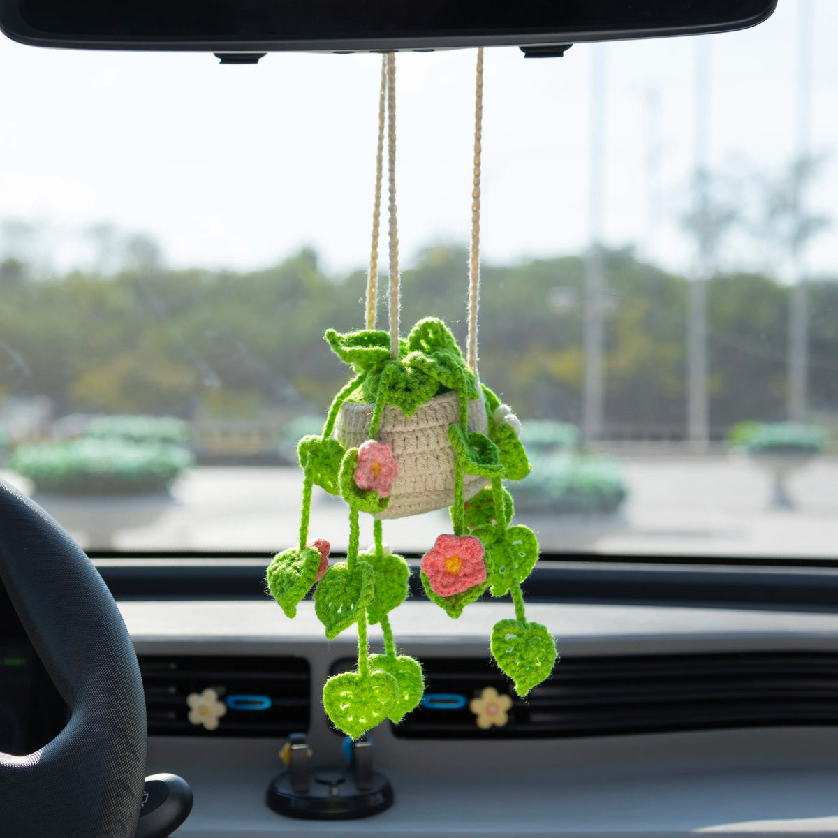 YSHomy Crochet Light Green Car Hanging Plants with Pink & White Flowers