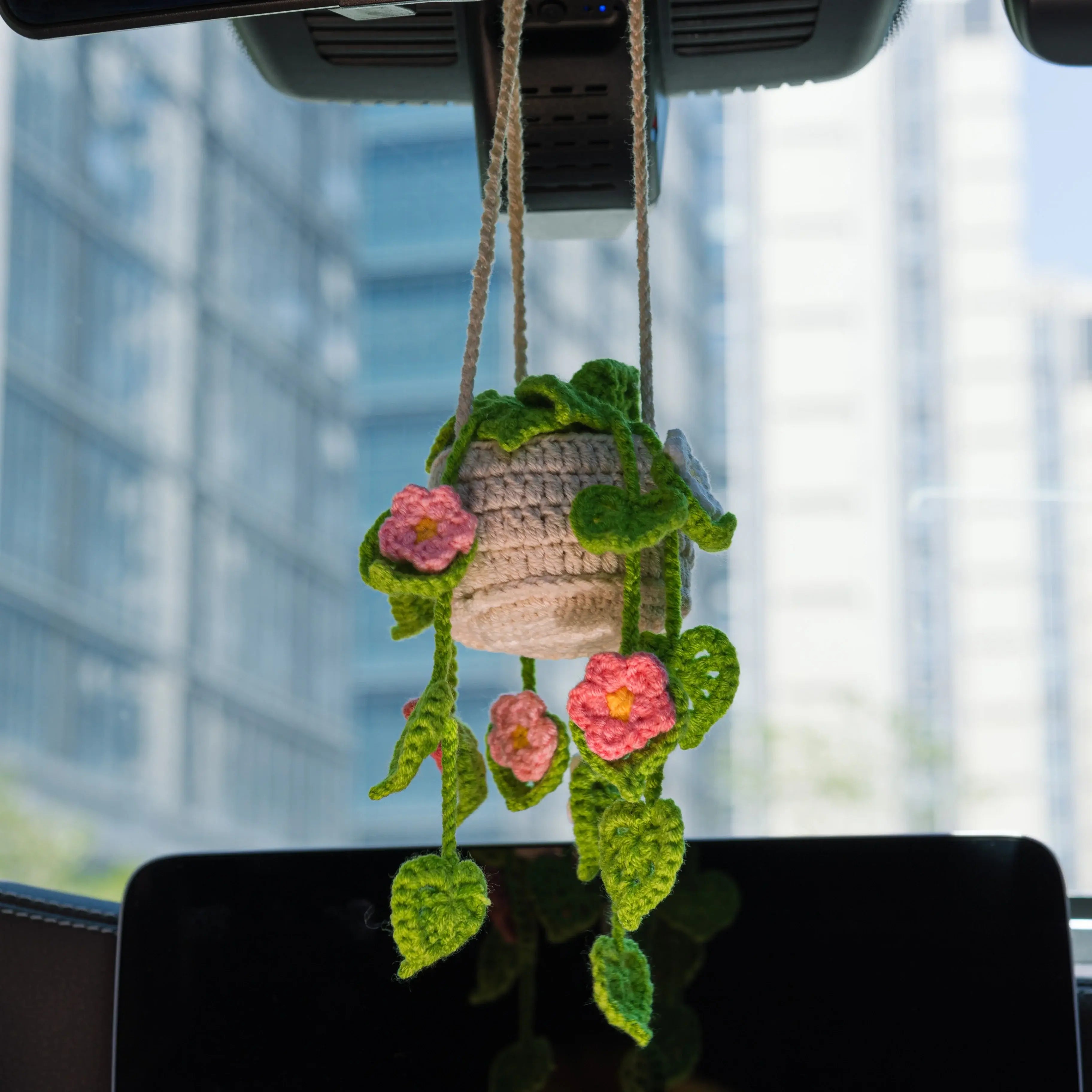 YSHomy Crochet Light Green Car Hanging Plants with Pink & White Flowers