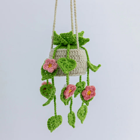 YSHomy Crochet Light Green Car Hanging Plants with Pink & White Flowers