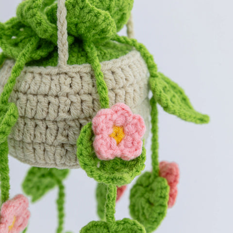 YSHomy Crochet Light Green Car Hanging Plants with Pink & White Flowers