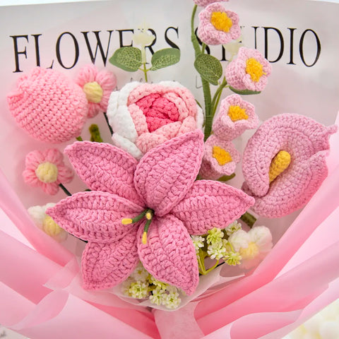 YSHomy Wrapped Big Crochet Flowers with Lily & Rose & Tulip Bouquet