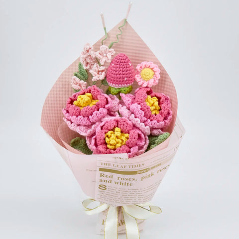 YSHomy Crochet Flowers Bouquet with Peony in Pink Wrapping