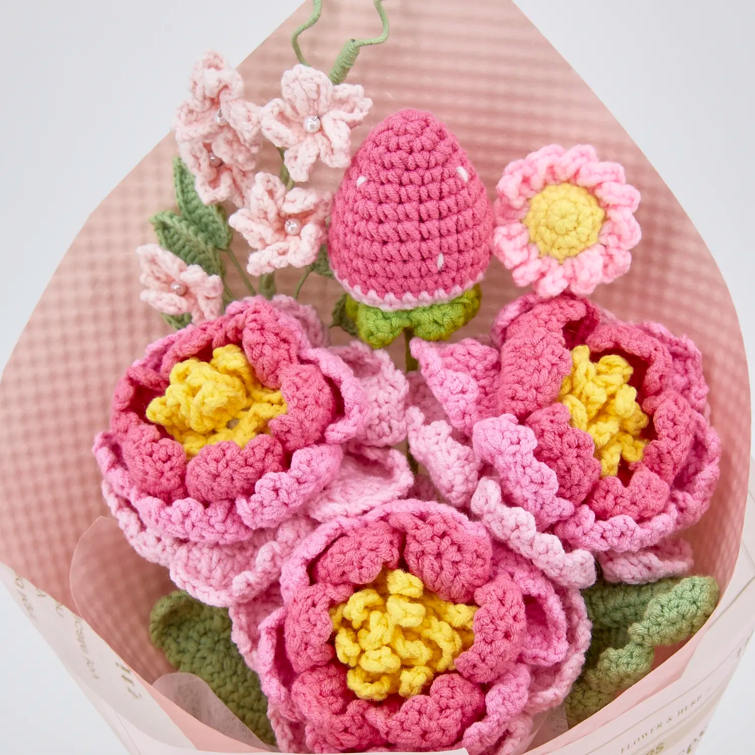 YSHomy Crochet Flowers Bouquet with Peony in Pink Wrapping