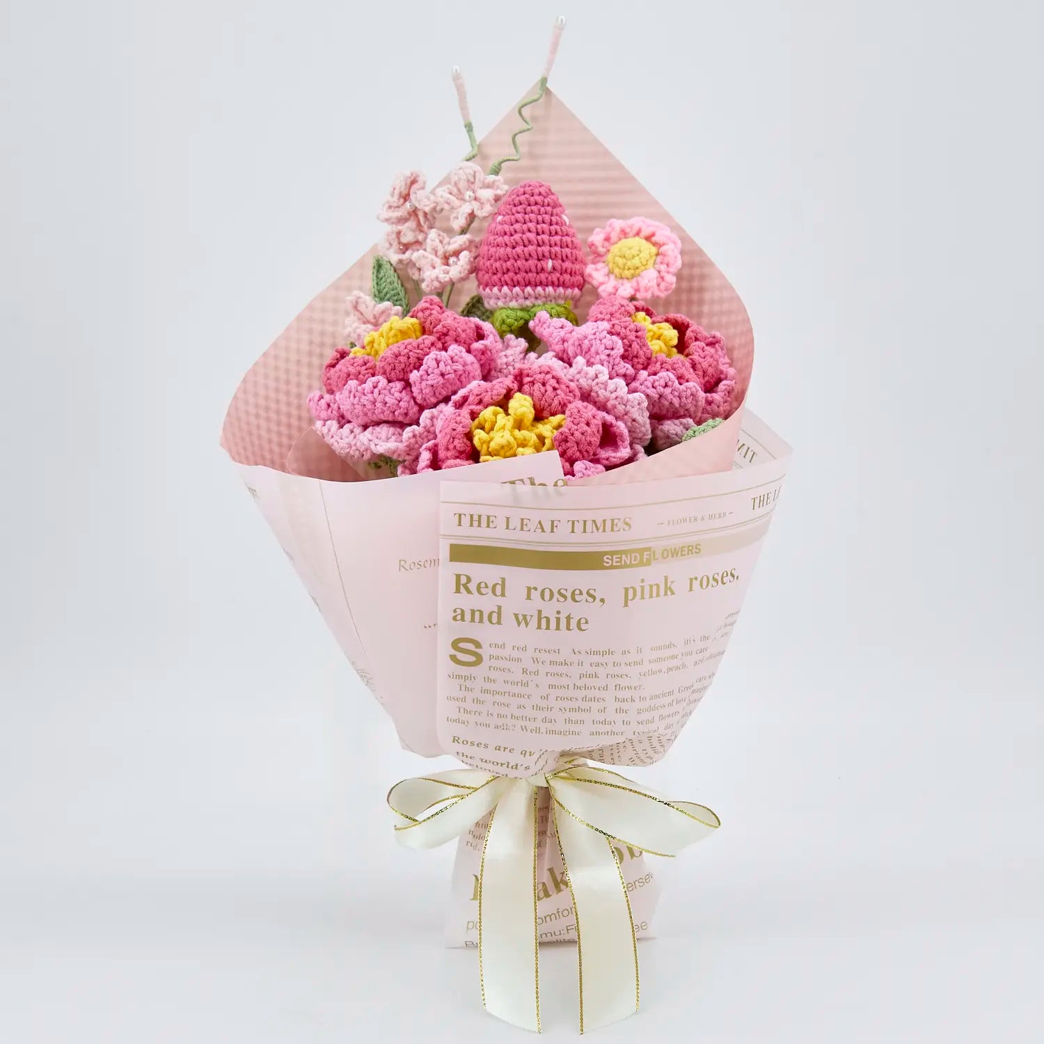 YSHomy Crochet Flowers Bouquet with Peony in Pink Wrapping