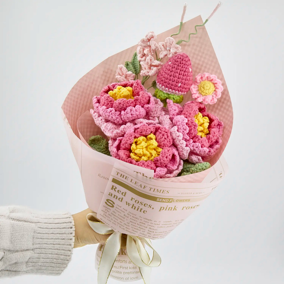 YSHomy Crochet Flowers Bouquet with Peony in Pink Wrapping