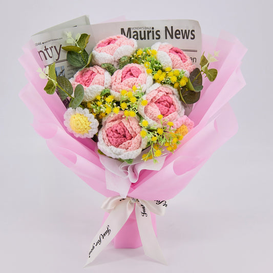 YSHomy Wrapped Crochet Flowers with Pink Rose Bouquet 1500