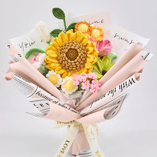 YSHomy Crochet Flowers Bouquet with Big Sunflower Rose Tulip Daisy in Pink Newspaper Wrapping 1321