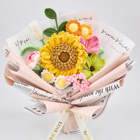 YSHomy Crochet Flowers Bouquet with Big Sunflower Rose Tulip Daisy in Pink Newspaper Wrapping