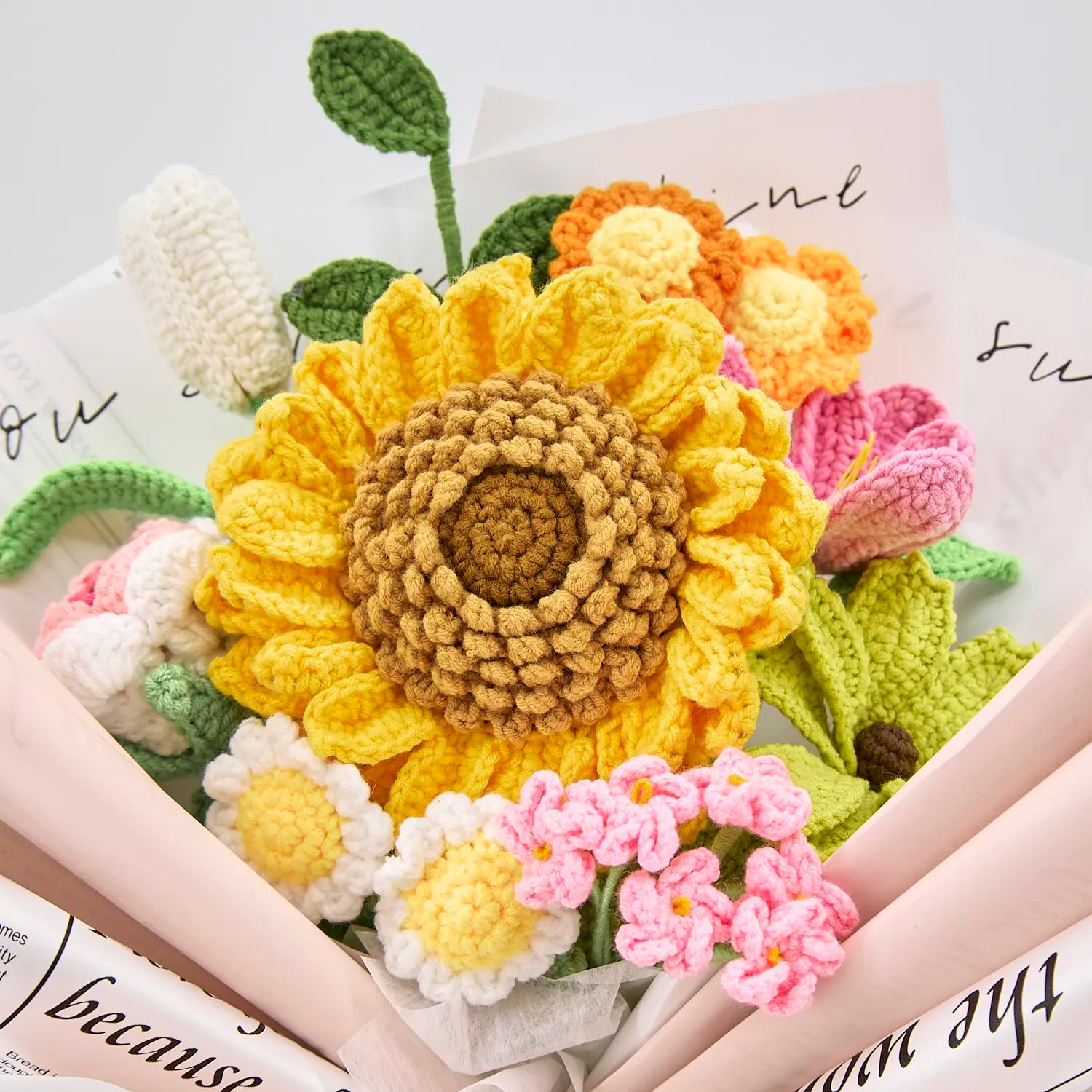 YSHomy Crochet Flowers Bouquet with Big Sunflower Rose Tulip Daisy in Pink Newspaper Wrapping