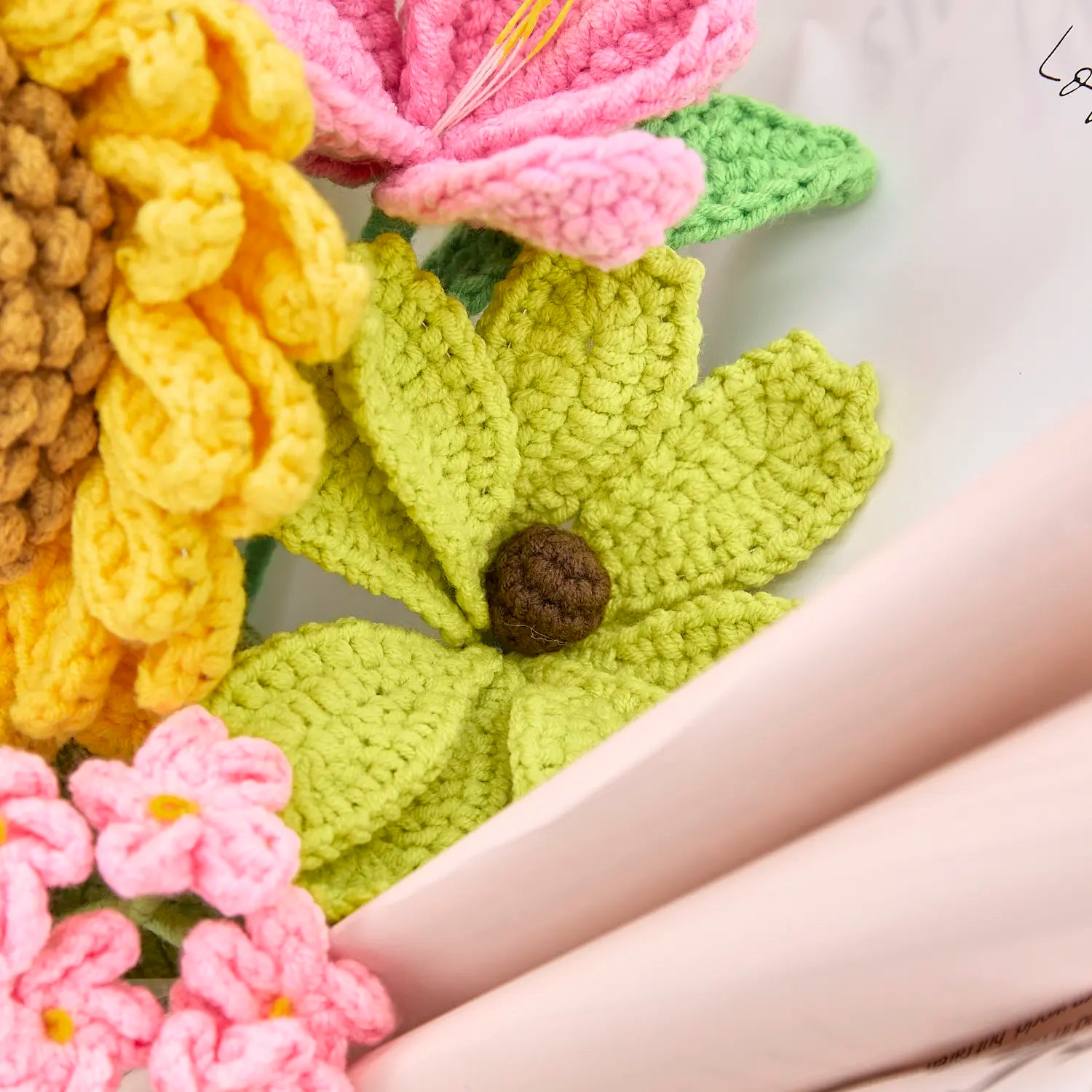 YSHomy Crochet Flowers Bouquet with Big Sunflower Rose Tulip Daisy in Pink Newspaper Wrapping