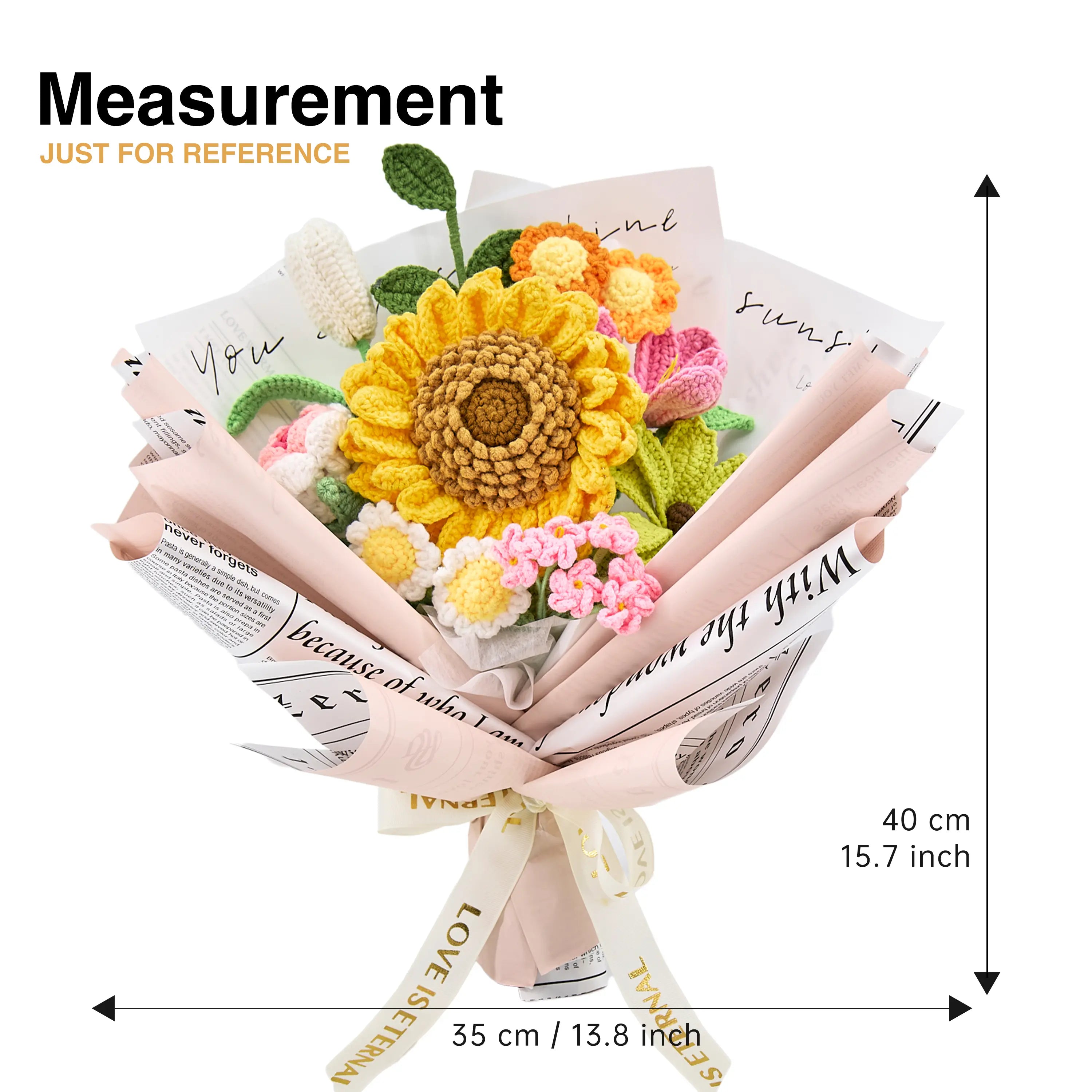 YSHomy Crochet Flowers Bouquet with Big Sunflower Rose Tulip Daisy in Pink Newspaper Wrapping