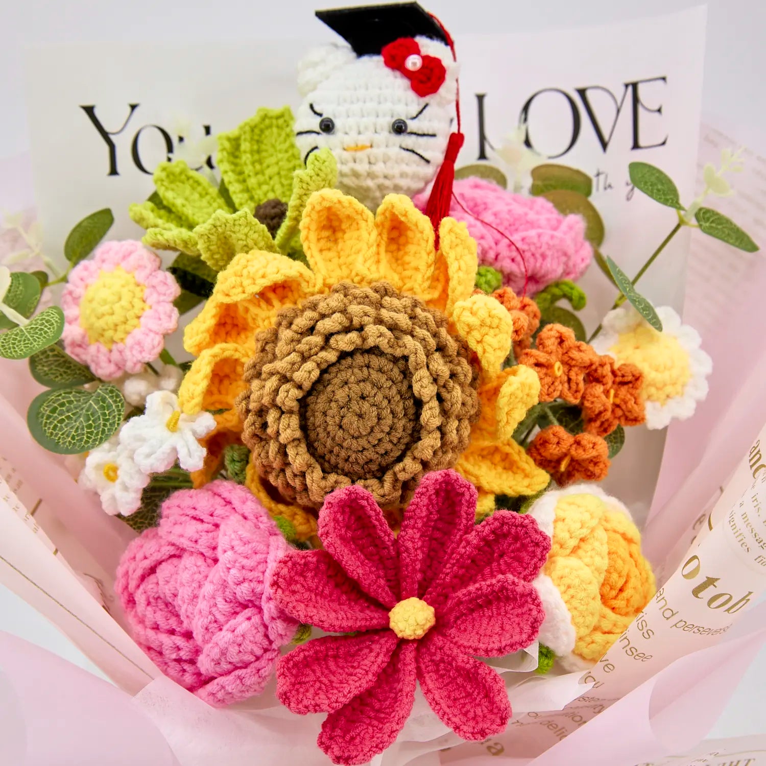 YSHomy Crochet Flowers Bouquet with Big Sunflower and Graduation HK