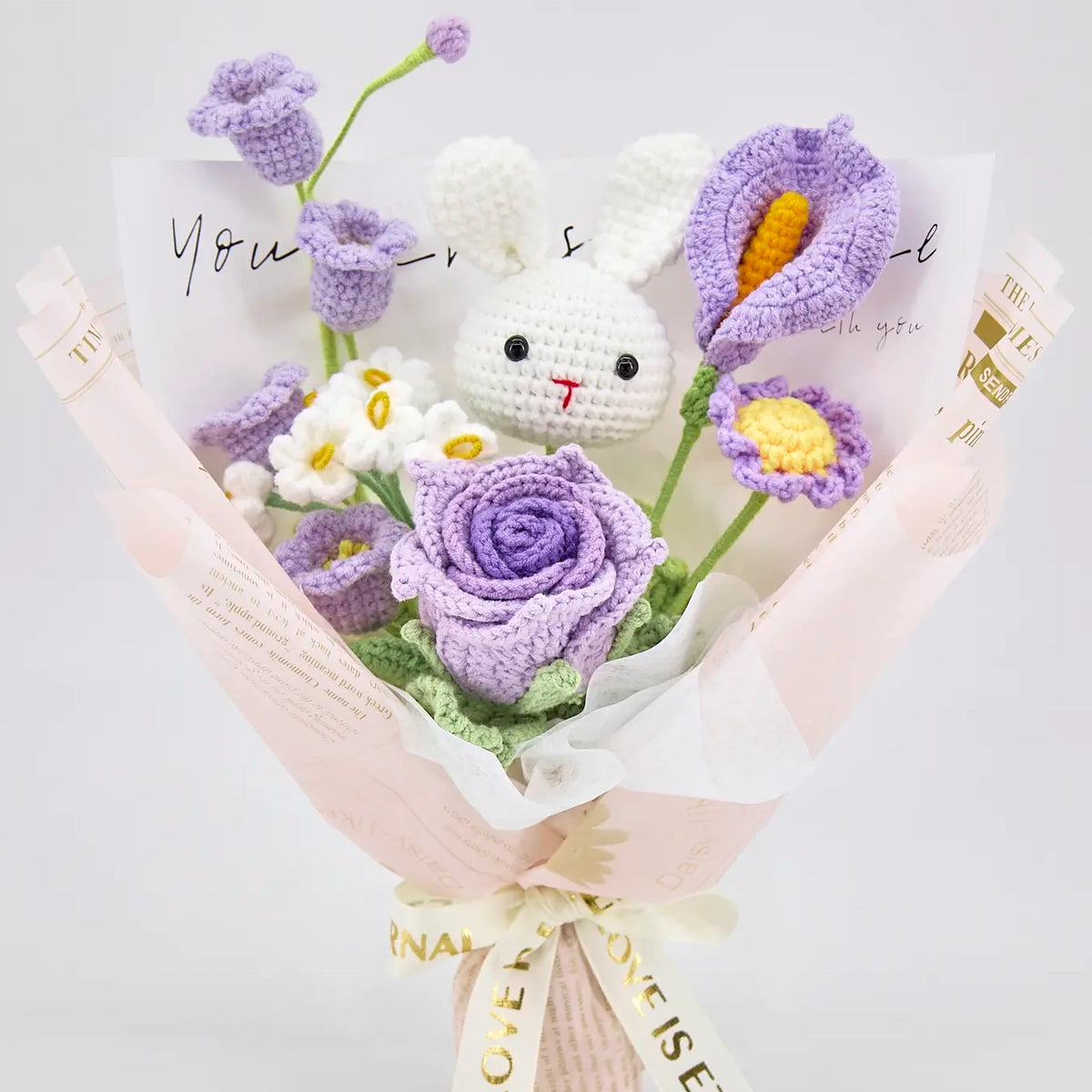 YSHomy Purple Crochet Flowers Bouquet with Cute Bunny Cup-Shaped Rose Daisy