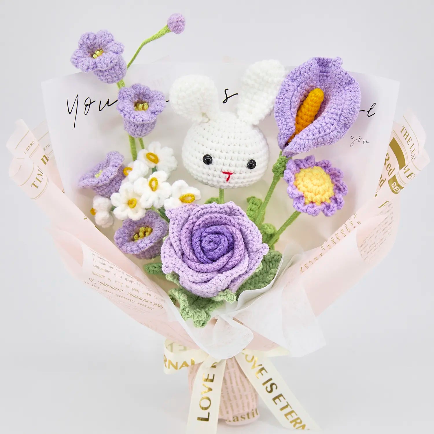 YSHomy Purple Crochet Flowers Bouquet with Cute Bunny Cup-Shaped Rose Daisy